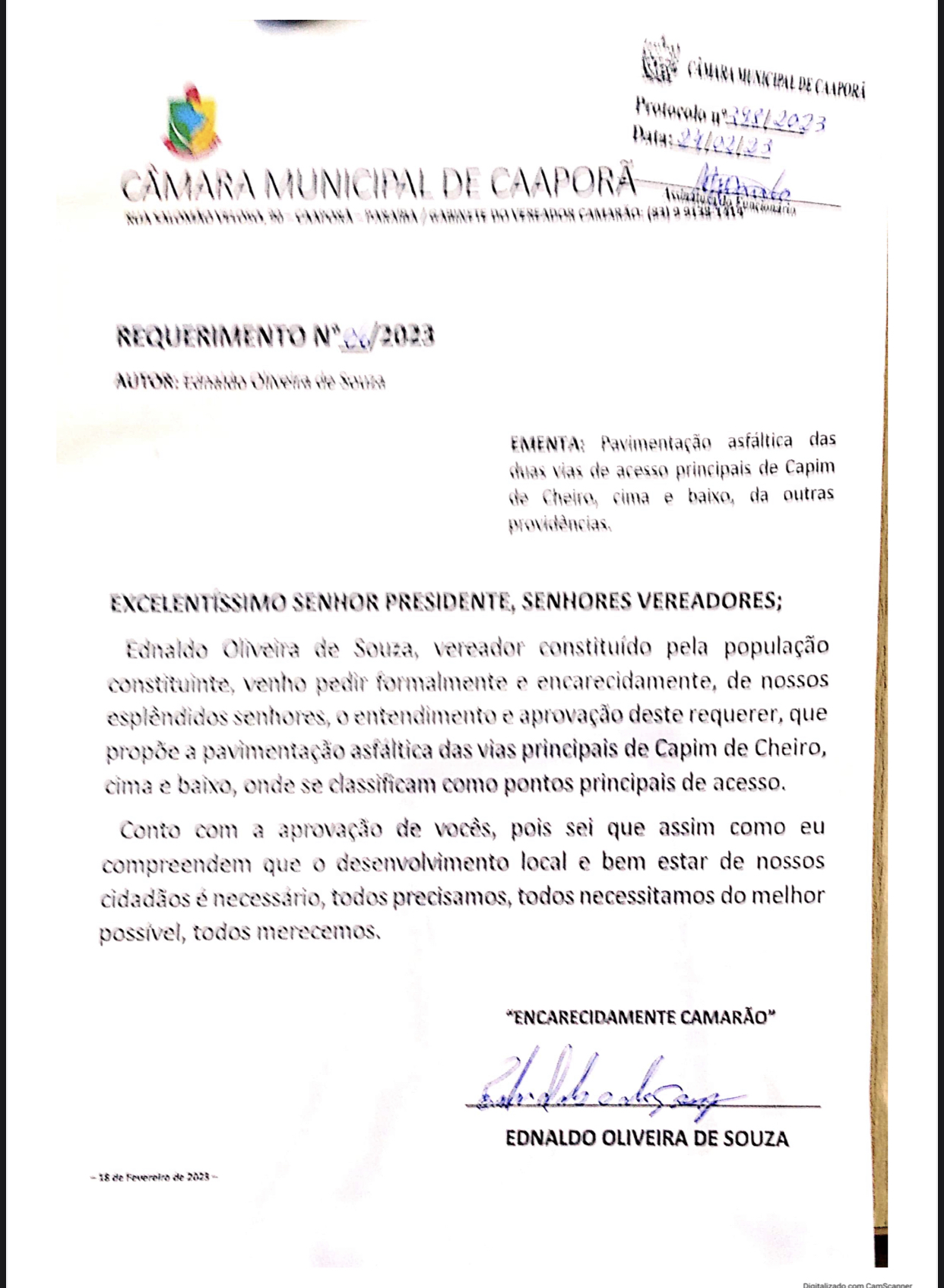 Vereador Ednaldo Oliveira(Camarão) faz requerimento em prol de asfalto na zona rural 